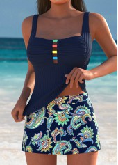 Navy swimwear,Tribal swimwear,ROTITA Cage Neck Navy Bohemian Print Mid Waisted Tankini Set