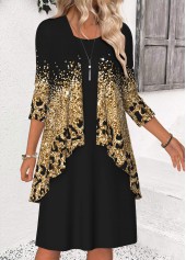 Black dresses,Ombre dresses,Casual dresses,ROTITA Tummy Coverage Ombre Black Round Neck Dress and Cardigan