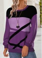 Purple tops,Geometric tops,ROTITA Tummy Coverage Geometric Print Purple Round Neck Sweatshirt