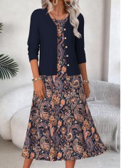 Navy dresses,Paisley dresses,Everyday dresses,Casual dresses,ROTITA Tummy Coverage Paisley Print Navy Dress and Cardigan
