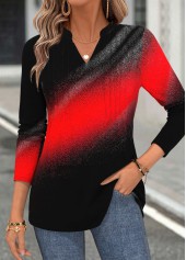 ROTITA Curved Hem Ombre Red Split Neck Long Sleeve Blouse