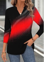 Red tops,Ombre tops,ROTITA Curved Hem Ombre Red Split Neck Long Sleeve Blouse