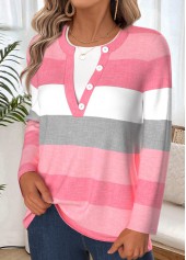 Pink tops,Striped tops,Geometric tops,ROTITA Tummy Coverage Striped Pink Split Neck T Shirt