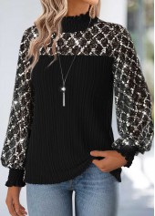 Black tops,Plain Color tops,ROTITA Tummy Coverage Black High Neck Long Sleeve Blouse
