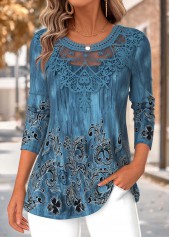 ROTITA Tummy Coverage Tribal Print Peacock Blue T Shirt