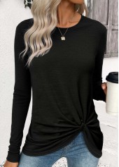 Black tops,Plain Color tops,ROTITA Twist Black Round Neck Long Sleeve T Shirt