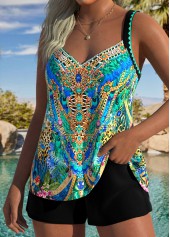 Green swimwear,Tribal swimwear,ROTITA Tummy Coverage Green Chain Print Mid Waisted Tankini Set