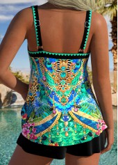 Green swimwear,Tribal swimwear,ROTITA Tummy Coverage Green Chain Print Mid Waisted Tankini Set