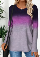 Purple tops,Ombre tops,ROTITA Curved Hem Ombre Purple Round Neck T Shirt