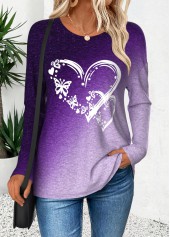 Purple tops,Ombre tops,ROTITA Curved Hem Ombre Purple Round Neck T Shirt