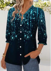 Navy tops,Cyan tops,Ombre tops,ROTITA Tummy Coverage Ombre Navy V Neck 3/4 Sleeve Blouse