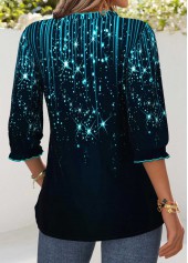 Navy tops,Cyan tops,Ombre tops,ROTITA Tummy Coverage Ombre Navy V Neck 3/4 Sleeve Blouse