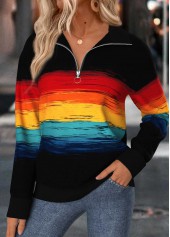 ROTITA Tummy Coverage Multi Stripe Print Turn Down Collar Sweatshirt