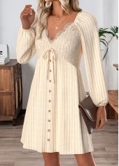 Beige dresses,Plain Color dresses,Everyday dresses,Casual dresses,ROTITA Tummy Coverage Beige Short V Neck Long Sleeve Dress