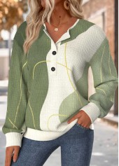 ROTITA Tummy Coverage Geometric Print Sage Green Round Neck Sweatshirt