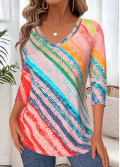 Multi Color tops,Geometric tops,ROTITA Tummy Coverage Geometric Print Multi Color T Shirt