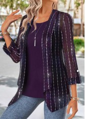 Purple tops,Plain Color tops,ROTITA Tummy Coverage Purple Round Neck Cardigan and Tank Top