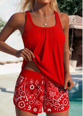 Red swimwear,Paisley swimwear,ROTITA Tummy Coverage Red Paisley Print Mid Waisted Tankini Set