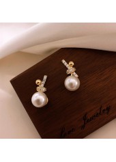 Golden jewelry,Geometric jewelry,Golden Pearl Bow Design Alloy Earrings