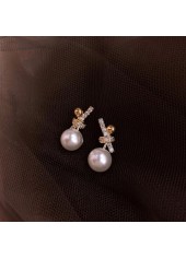 Golden jewelry,Geometric jewelry,Golden Pearl Bow Design Alloy Earrings