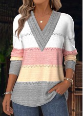 ROTITA Tummy Coverage Striped Multi Color V Neck T Shirt