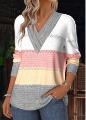 Multi Color tops,Striped tops,Geometric tops,ROTITA Tummy Coverage Striped Multi Color V Neck T Shirt