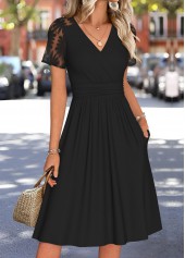 Black dresses,Plain Color dresses,Everyday dresses,Casual dresses,ROTITA Tummy Coverage Black V Neck Short Sleeve Dress