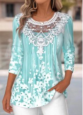 ROTITA Tummy Coverage Floral Print Cyan Round Neck T Shirt