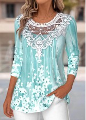 Cyan tops,Floral tops,Plants tops,ROTITA Tummy Coverage Floral Print Cyan Round Neck T Shirt