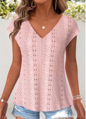 Light Pink tops,Plain Color tops,ROTITA Tummy Coverage Light Pink V Neck T Shirt