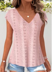 Light Pink tops,Plain Color tops,ROTITA Tummy Coverage Light Pink V Neck T Shirt