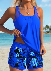 Royal Blue swimwear,Floral swimwear,Plants swimwear,ROTITA Tummy Coverage Royal Blue Floral Print Tankini Set
