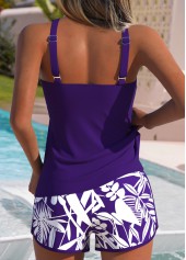 Purple swimwear,Plants swimwear,ROTITA Tummy Coverage Purple Plants Print Mid Waisted Tankini Set