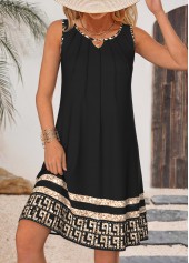 ROTITA Tummy Coverage Tribal Print Black Round Neck Sleeveless Dress