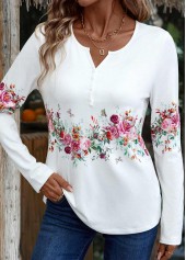 ROTITA Button Floral Print White Split Neck T Shirt