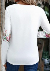 White tops,Floral tops,Plants tops,ROTITA Button Floral Print White Split Neck T Shirt