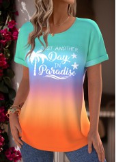 Multi Color tops,Ombre tops,ROTITA Tummy Coverage Ombre Multi Color Boat Neck T Shirt