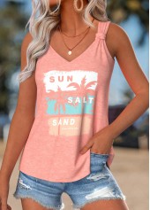 Dusty Pink tops,Plants tops,ROTITA Tummy Coverage Tropical Plants Print Dusty Pink Tank Top