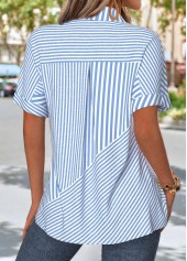 Light Blue tops,Striped tops,Geometric tops,ROTITA Patch Pocket Striped Light Blue Short Sleeve Shirt