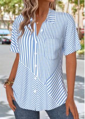 Light Blue tops,Striped tops,Geometric tops,ROTITA Patch Pocket Striped Light Blue Short Sleeve Shirt