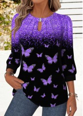 ROTITA Tummy Coverage Animal Print Purple Round Neck Blouse