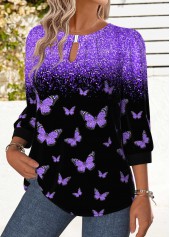 Purple tops,Animal Print tops,ROTITA Tummy Coverage Animal Print Purple Round Neck Blouse