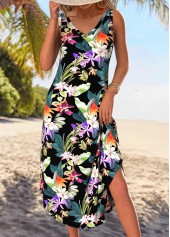 ROTITA Tummy Coverage Floral Print Black A Line Sleeveless Dress