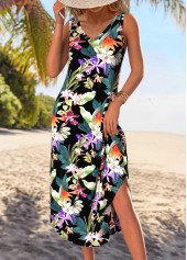 Black dresses,Multi Color dresses,Floral dresses,Plants dresses,Vacation dresses,Vacation dresses,ROTITA Tummy Coverage Floral Print Black A Line Sleeveless Dress