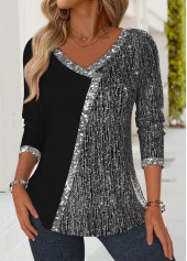 Rotita Patchwork-Langarm-T-Shirt in Schwarz mit V-Ausschnitt