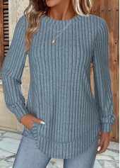 Dusty Blue tops,Plain Color tops,ROTITA Dusty Blue Round Neck Long Sleeve Sweatshirt