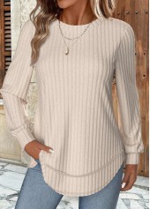 Beige tops,Plain Color tops,ROTITA Beige Round Neck Long Sleeve Sweatshirt