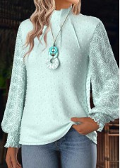 Mint Green tops,Plain Color tops,ROTITA Tummy Coverage Mint Green High Neck Long Sleeve Blouse