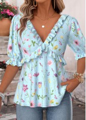 ROTITA Ruffle Floral Print Light Blue V Neck Blouse