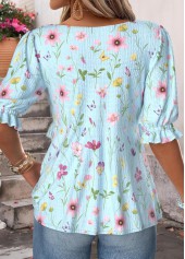 Light Blue tops,Floral tops,Plants tops,ROTITA Ruffle Floral Print Light Blue V Neck Blouse